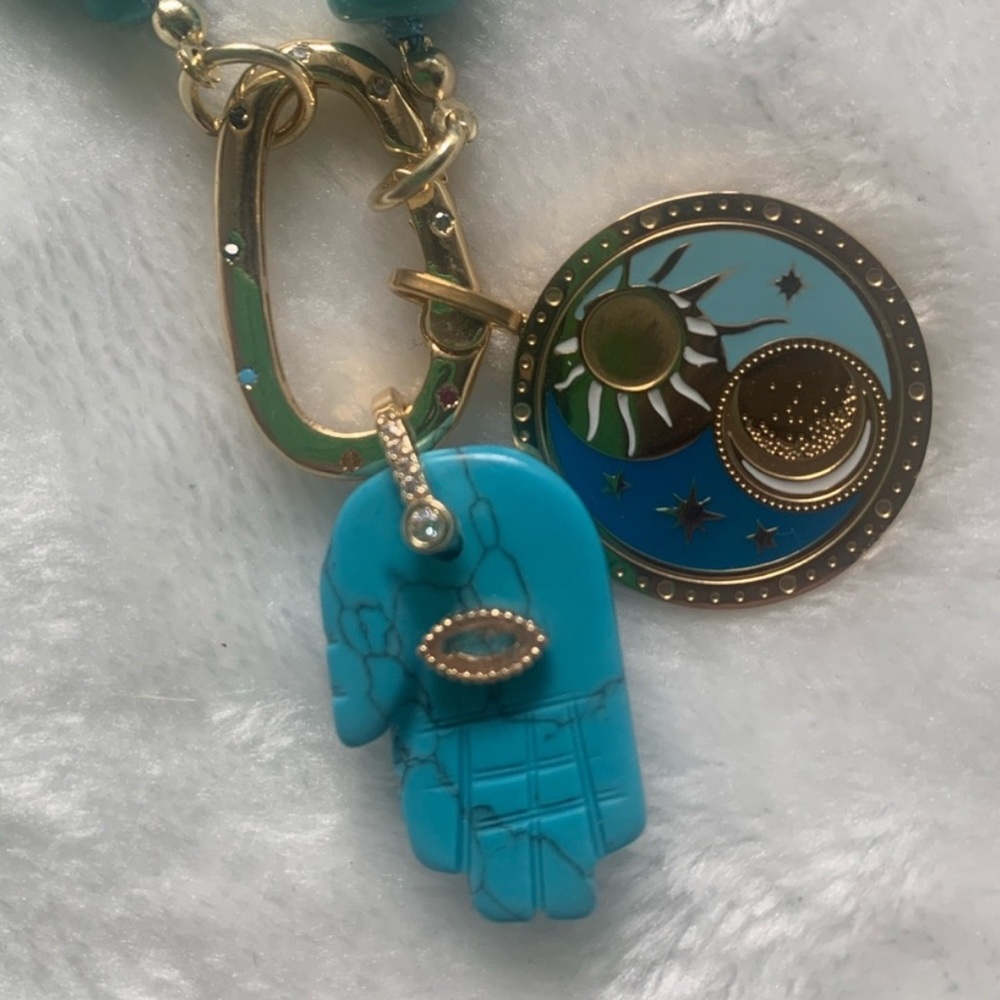 Natural Turquoise Hand Charm Pendant + Sun Medallion Charm Pendant Set - NWT
